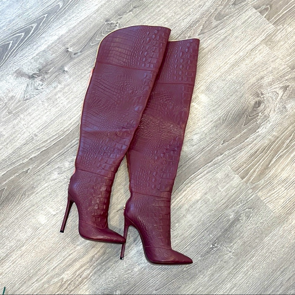 Jennifer Le burgundy thigh boots